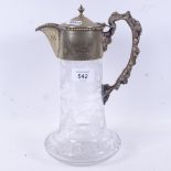 A Victorian engraved glass Claret jug, with silver plated mount and handle, dated 1871, height 27cm