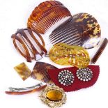 Various early 20th century tortoiseshell hair combs and clips, pair of paste buttons, and a yellow