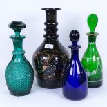 A large gilded green glass decanter, a smaller example with stopper, a Bristol blue glass decanter