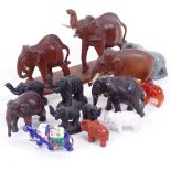Various elephant ornaments, including carved hardwood, bronze and enamel (boxful)
