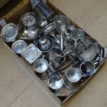 A tray of mixed plated ware, to include 3 sugar buckets, tea caddies, tankards etc