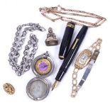 A lady's gold plated wristwatch, a Pinchbeck seal, a silver link Albert, plated compass, Conway