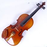 A modern Chinese violin and bow, overall violin length 60cm, in hardshell case