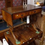 A reproduction crossbanded mahogany sofa table, with fitted drawers, on lyre end supports, W88cm,