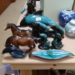 Canadian Blue Mountain Pottery dolphins, duck etc, and 2 Beswick horses