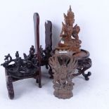 2 carved wood sculptures, 18cm, 3 carved and pierced Chinese vase stands, and 2 plate stands