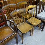 4 various Antique elm-seated kitchen stick-back chairs