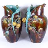 A large pair of 19th century Thomas Forester Majolica glazed ceramic vases, of naturalistic form
