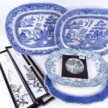 A pair of Victorian Willow pattern meat plates, 44cm, and 2 others, a set of 4 painted Oriental