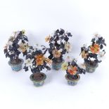 A set of 5 cloisonne pots, containing sprays of hardstone flowers, tallest 24cm
