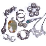 Various Danish silver Art Nouveau brooches and earrings, including some Viking designed