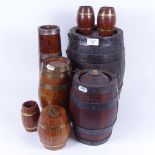 A group of coopered oak barrels, and a similar tapered small stick stand, height 31cm