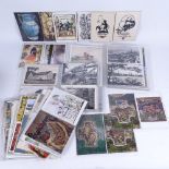 A collection of postcards (small boxful), and a porcelain-cased mantel clock surmounted by a cherub,