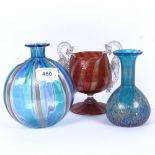 3 hand-blown Art glass vases, with glittered striped decoration, largest height 15cm (3)