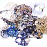 A box of mixed costume jewellery, to include ivory brooch, marcasite brooches, stone necklace etc