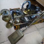 Various metalware, including fireside tools, brass oil lamp, woodworking plane etc (boxful)