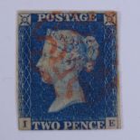 GB - 1840 Two Pence Blue lettered IE cancelled by Red Maltese Cross, on stock card, Gibbons