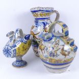 3 Spanish Faience Ware items, including water jug, Whisky barrel, wine flagon, jug height 25cm (3)