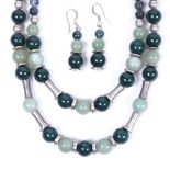 A jade and greenstone set necklace, length 43cm, and a pair of matching earrings
