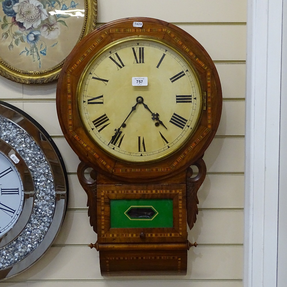 A 19th century drop-dial 8-day wall clock, inlaid and carved walnut case, with Roman numeral hour