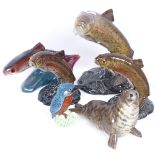 A large Beswick Pottery trout, no. 1032, height 16cm, 2 smaller trout, no. 1390, a Beswick seal,