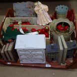 A mixed group of items, including painted jewel chest, painted wood bookends, lamp shades etc (