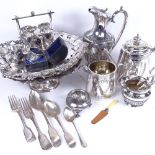 A collection of Fiddle pattern silver plated cutlery, some by Walker & Hall, an embossed and pierced