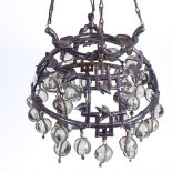 A Christofle cast electroplate hanging light fitting, with glass sphere drops, serial no. 551667,