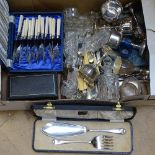 A tray of mixed plated ware, to include cased cutlery sets, goblets, and a silver-mounted salt