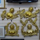 A set of gold painted composition nude lady bust wall mounts, largest length 124cm (3)