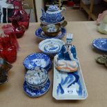 Various Chinese ceramics, including blue and white bowls, brass dish etc