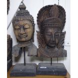 A Tibetan carved hardwood bust of Guanyin, and another of a Buddha, H42cm