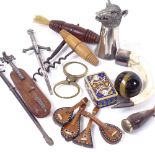 Various collectables, including 19th century brush-tip corkscrew, pewter wild boar stirrup cup,