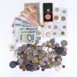 Various British and world coins and banknotes, replica coins, 15th/16th century stud etc