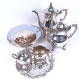 A ceramic cake plate with silver swing handle, and a 4-piece Queen's pattern silver plated tea and