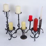 A group or iron candle stands, and a carved stained wood candle box (8)