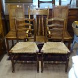 A pair of panelled oak hall chairs, a pair of rush-seated ladder-back chairs on pad feet, and a