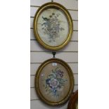 A 19th century oval gilt-framed floral needlework picture, and a similar framed floral