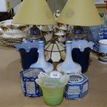 A group of light shades, a pair of Oriental table lamps, a pair of transfer decorated vases etc