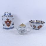 Modern Chinese armorial lamp base and bowl, an Oriental teapot etc