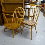 An Ercol elm-seated stick-back chair, and an Ercol elm-seated stick-back lounge armchair (no