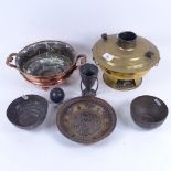 3 Eastern embossed and inlaid dishes, largest 20cm, a kayserzinn vase, a brass burner, and a 2-
