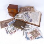 A mixed group of items, including 2 Victorian mahogany moneyboxes, a 1914 First World War