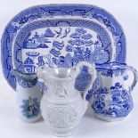 A Willow pattern meat dish, 43cm, a Mason's jug, and 2 others