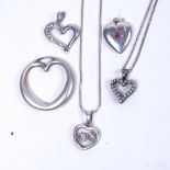 A collection of heart design silver and stone set silver jewellery