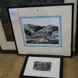 Pam Petworth, wood engraving, canal scene, and Sidney Ivey, linocut print, Mieme Dam Matopos, framed