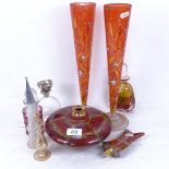 Various ceramics and glass, including large iridescent ceramic scent bottle, height 23cm, and a pair