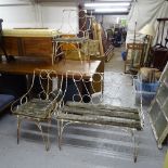 A mid-century wrought-iron garden set, comprising 2 chairs and bench, with scrolled decoration and