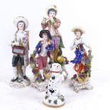 A group of Chelsea porcelain figures, including man playing flute, height 20cm (5)