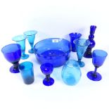 Various blue glass, including large bowl, drinking goblets, vase etc